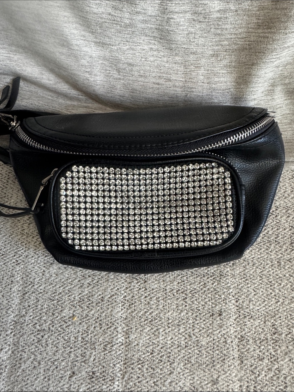 Madden NYC Black Rhinestone Accent Faux Leather Belt Bag